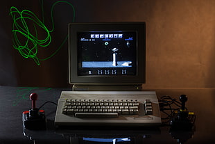 black and gray HP laptop, retro games, computer, joystick, Commodore 64 HD wallpaper