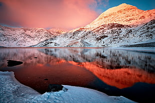 ice covered mountain, lake, landscape, sunlight, reflection