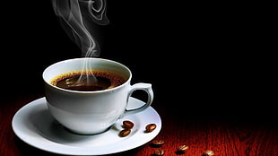 white ceramic cup with saucer, coffee, cup, coffee beans, simple background