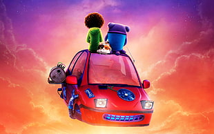 cartoon characters riding on red car flying on sky illustration, movies, Home (movie), Dreamworks