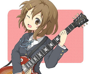 female anime character in school uniform playing guitar digital wallpaper