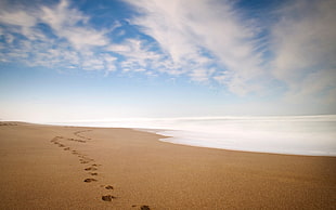 brown sand, beach, sky, footprints, clouds