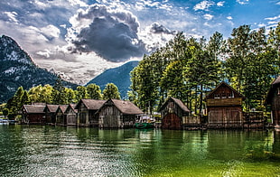 brown wooden houses, nature, landscape, lake, mountains