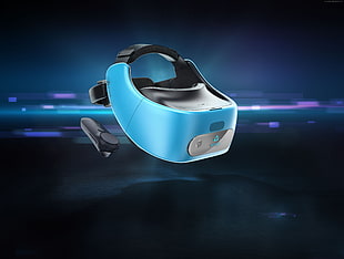 photo of blue VR goggles with remote game control