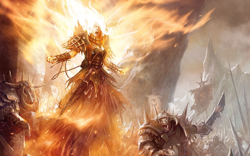 flaming game character wallpaper, Warhammer, magic, fantasy art HD wallpaper