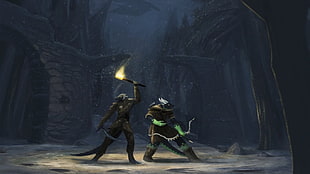 monster holding torch wallpaper, furry, Anthro, fantasy art, The Elder Scrolls V: Skyrim