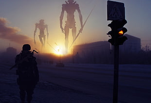 illustration of traffic light and person's silhouette, artwork, mist, cityscape, sunrise HD wallpaper