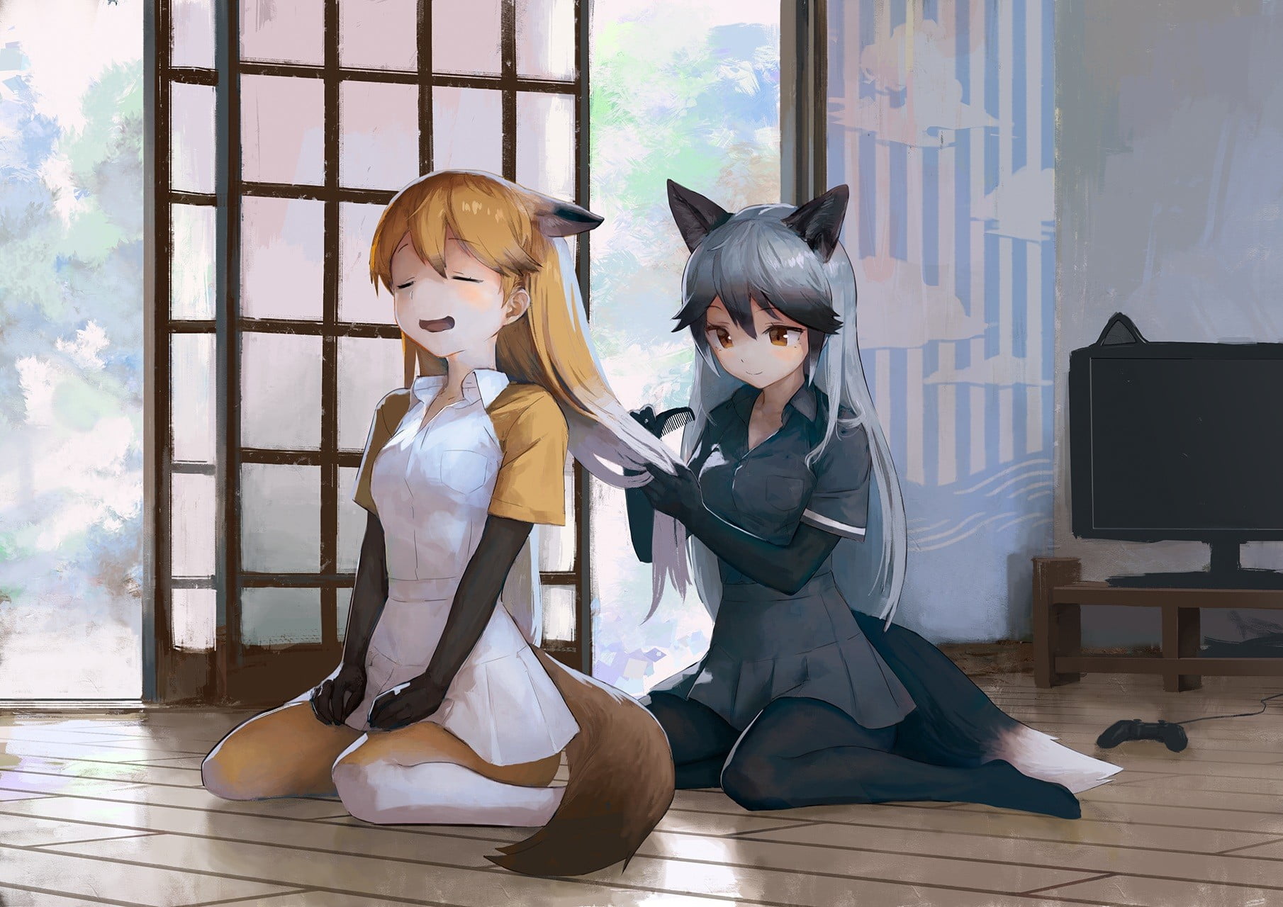 two female anime characters, animal ears, Kemono Friends, pantyhose, Silver fox (Kemono friends)