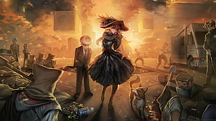 animated girl in black dress behind explosion