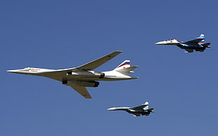 three beige and blue fighter jets, Tupolev Tu-160, aircraft, military aircraft, jet fighter HD wallpaper