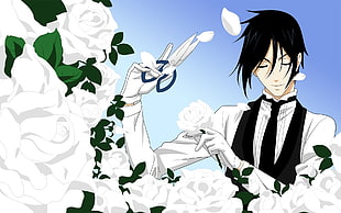 male anime character with black hair wearing white dress shirt and black vest with white Rose Flower