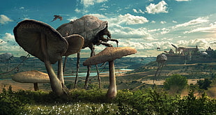 beige mushrooms and large creatures digital wallpaper, science fiction, insect, coexist, nature