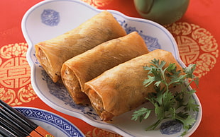white and blue floral plate with three brown rolled food