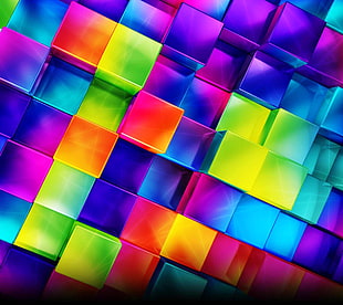orange, green, and purple cubes wallpaper, abstract, colorful