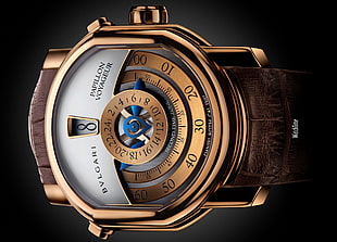 round gold-colored Bulgari watch with brown leather strap, watch, luxury watches, Bulgari HD wallpaper