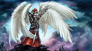 angel man wearing silver and red suit graphic wallpaper, angel, archangel, wings