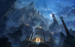 beige temple near mountains during night digital wallpaper, mountains, fantasy art, Moon, night