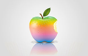 green, yellow, pink, orange, and blue bitten apple