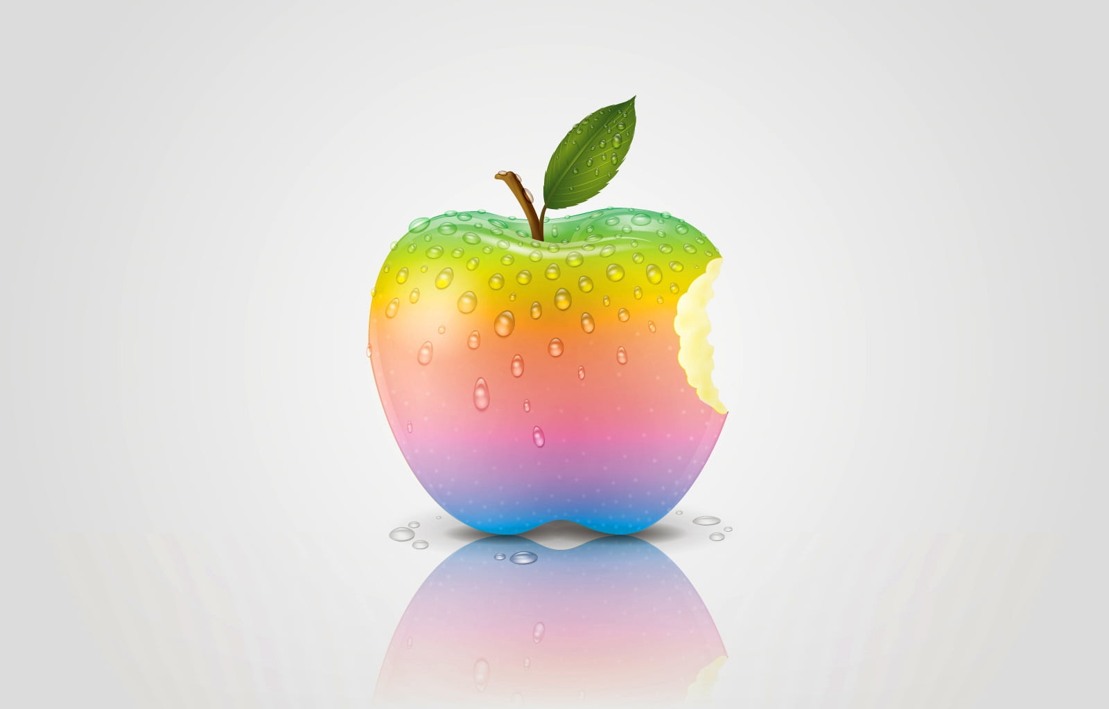 green, yellow, pink, orange, and blue bitten apple