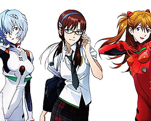 three female anime characters, Neon Genesis Evangelion, Ayanami Rei, Asuka Langley Soryu HD wallpaper