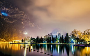photography of river in between tree and mountain, landscape, nature, city, lights