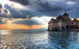 gray and brown concrete building surrounded by body of water, castle, Chillon Castle, Switzerland, Lake Geneva