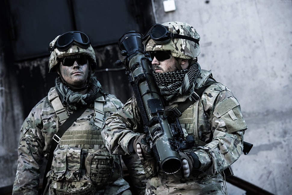 portrait of two soldiers holding RPG HD wallpaper
