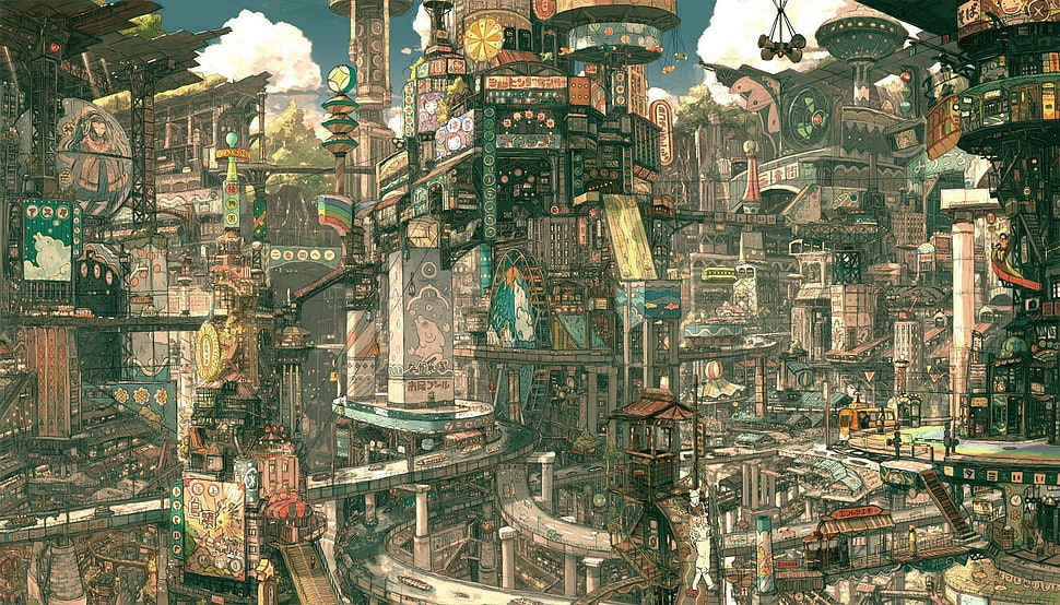 city buildings painting, anime, city, Imperial Boy, fantasy city HD wallpaper