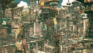 city buildings painting, anime, city, Imperial Boy, fantasy city
