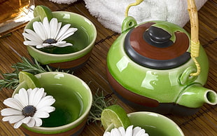 green and brown ceramic teapot beside teacups HD wallpaper