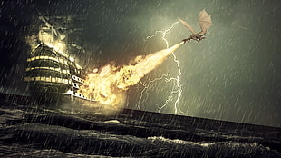 brown dragon breathing fire over white cruise ship illustration, dragon, ship, storm, rain