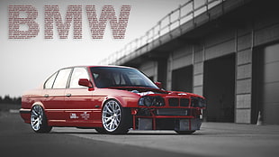 red BMW sedan, BMW, tuning, garages, car HD wallpaper