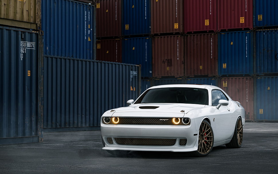 white Dodge Challenger near intermodal containers HD wallpaper