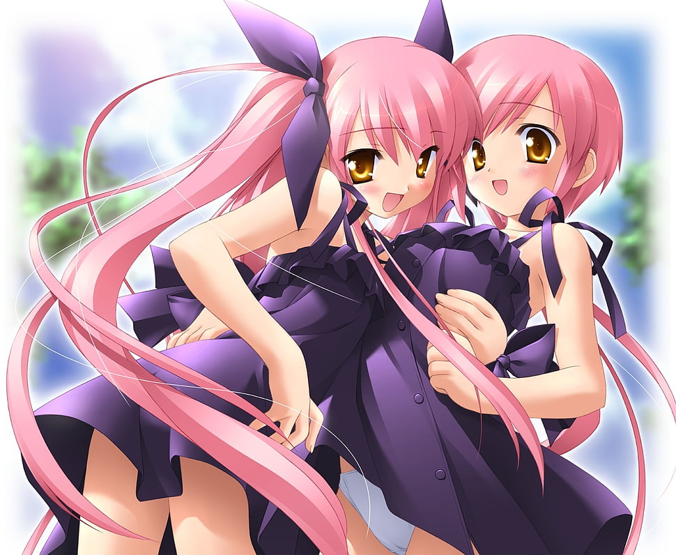 two girls wearing purple dress anime character illustration HD wallpaper