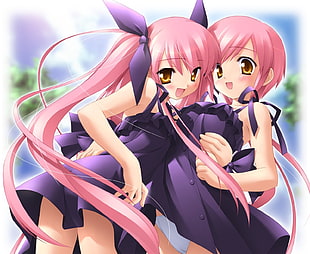 two girls wearing purple dress anime character illustration