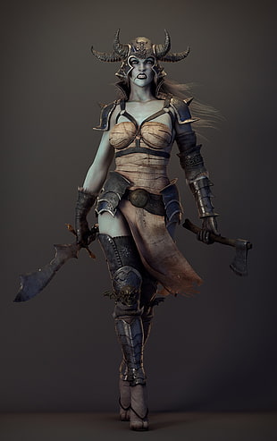 female character with horn holding swords digital wallpaper