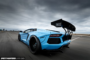 blue sports coupe, car, Lamborghini, Lamborghini Aventador, LB Works