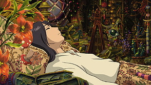 woman wearing white long-sleeved shirt illustration, Studio Ghibli, Howl's Moving Castle, closed eyes, anime