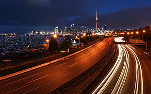 timelapse photo of highway during night, city, town, urban, light trails