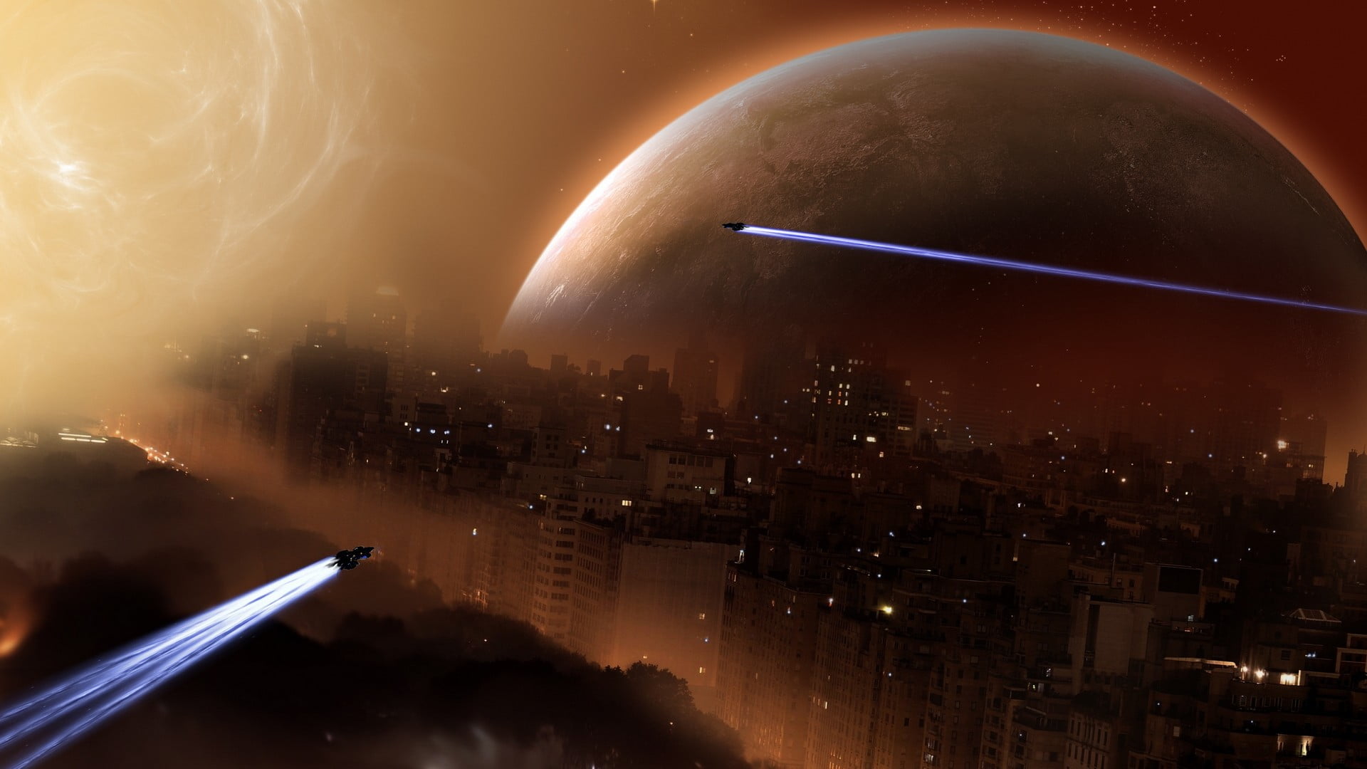 two aircraft near buildings digital wallpaper, space, planet, city, science fiction