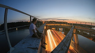 men's white shirt, bridge, lights, sky, river