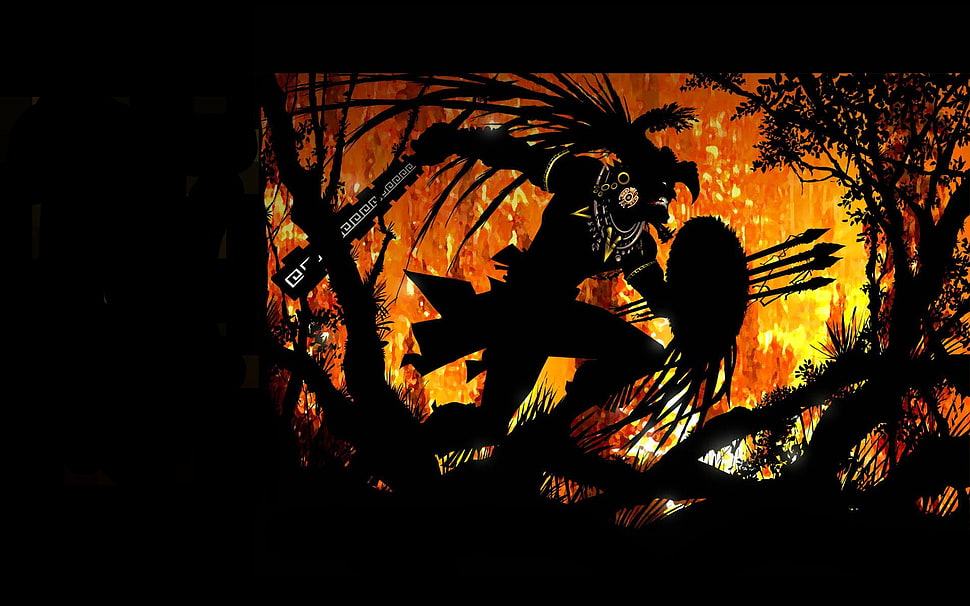 black and orange man with shield painting, hunter, fire, Aztec, warrior HD wallpaper