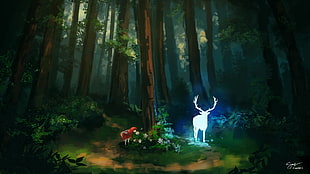 Little Red Riding Hood, illustration, forest, deer, Little Red Riding Hood