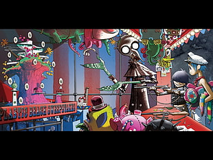 two people trying out shooting carnival game painting, Gorillaz, Jamie Hewlett, 2-D, Noodle