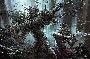 tree and wolf painting, artwork, fantasy art, ents, werewolves HD wallpaper