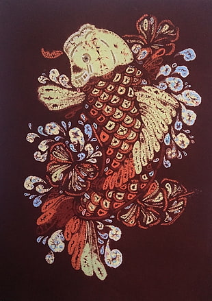 brown and beige koi fish embroidered decor, tie-dye art, artwork, fish, animals