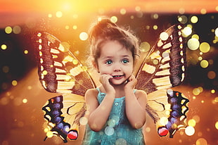 black haired girl wearing blue dress with butterfly wings HD wallpaper
