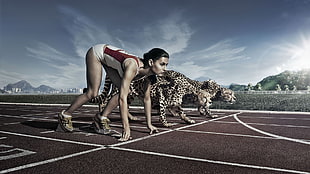 female track and field athlete and two cheetahs digital wallpaper, athletes, running, cheetahs
