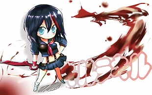 female anime character with sword digital wallpaper, Kill la Kill, Matoi Ryuuko, Senketsu, chibi
