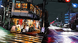 white car, Tokyo, painting, artwork, lights